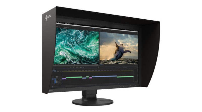 An EIZO ColorEdge CG2700S monitor product image, showing the monitor on an angle with a light hood.