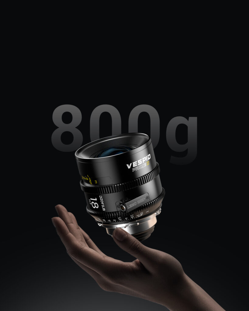 An illustration showing an 18mm Vespid 2 prime lens floating above a woman's hand, showing the 800g weight.