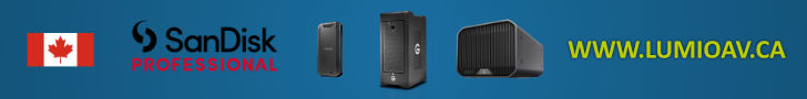 A 728x90 banner advertisement for SanDisk Professional products available to buy at lumioav.ca, with link to site.